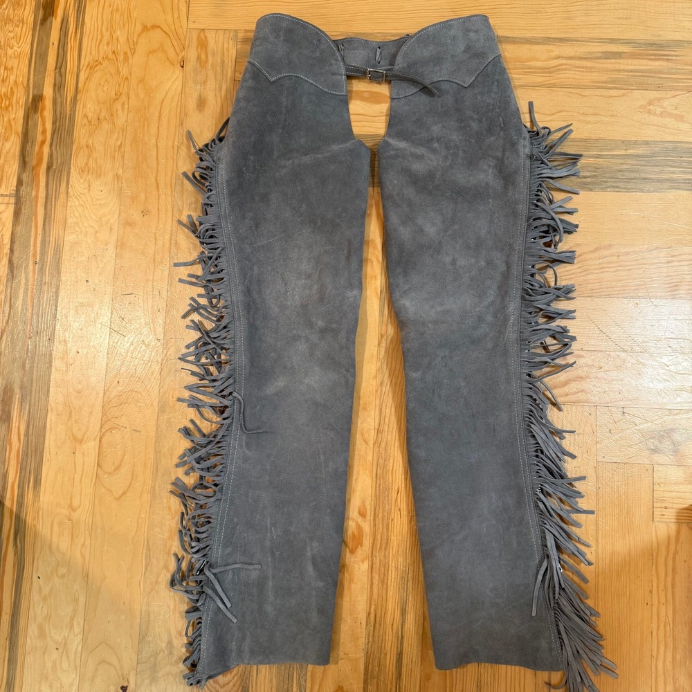 Suede Leather Fringe Gray Western Zipper Chaps Pants Women Adjustable